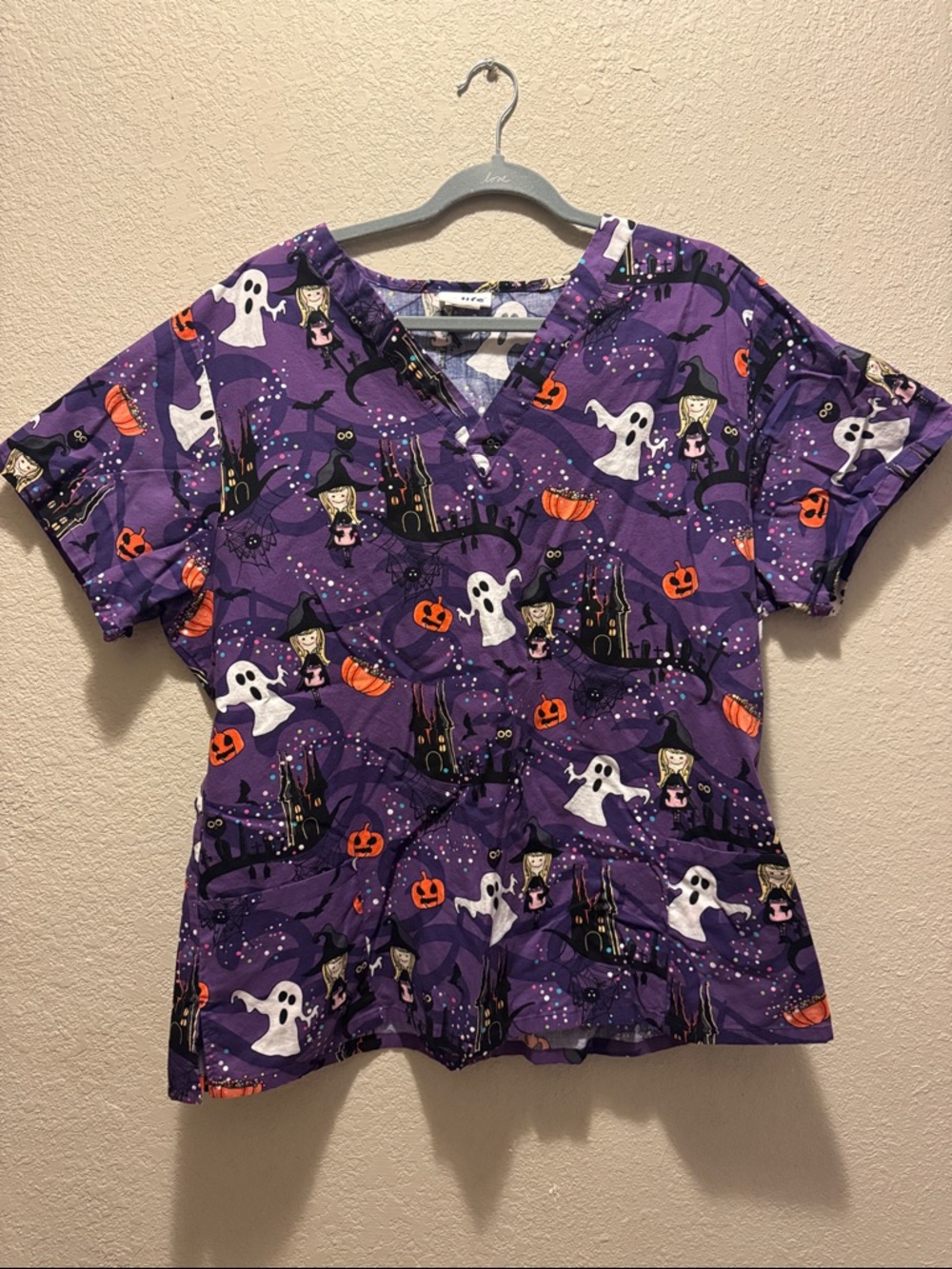 Halloween Print Medical Scrub Top - Purple Ghosts & Pumpkins